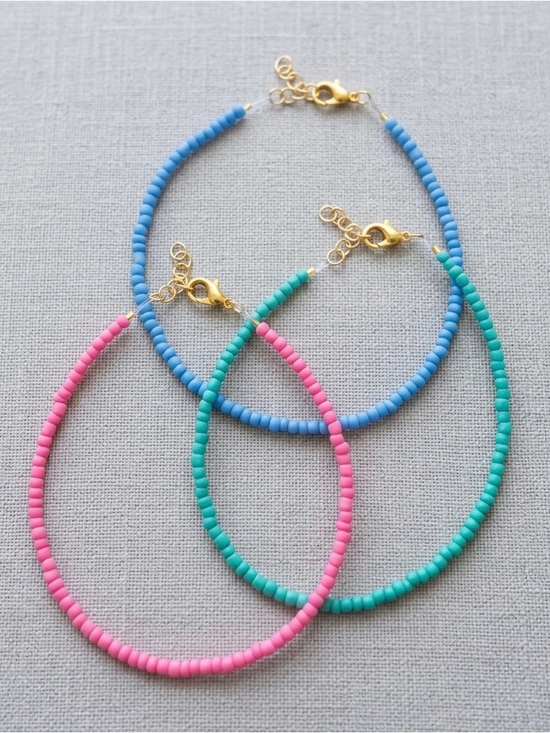 Handmade Jewelry - Gold-Accent Pink, Blue & Turquoise Beaded Adjustable Ankle Bracelet Set of 3